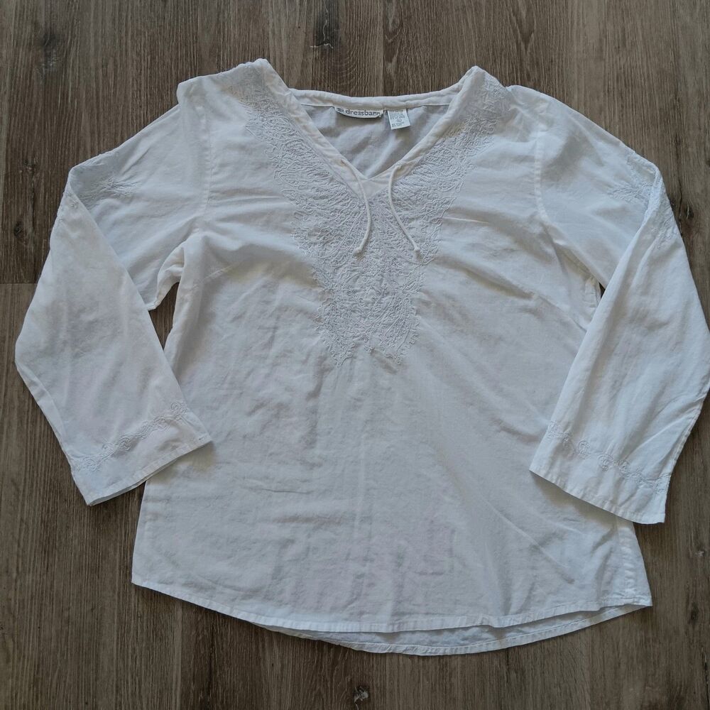 Dressbarn Floral Embroidery White Cotton Top Women XL Vneck Long Sleeve Peasant